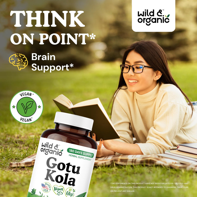 Wild & Organic Gotu Kola Capsules 600 mg - Brain & Focus Support - Gotu Kola Supplement - Centella Asiatica Powder - 180 Days of Supply - Vegan, No Fillers, Non-GMO - 180 Count