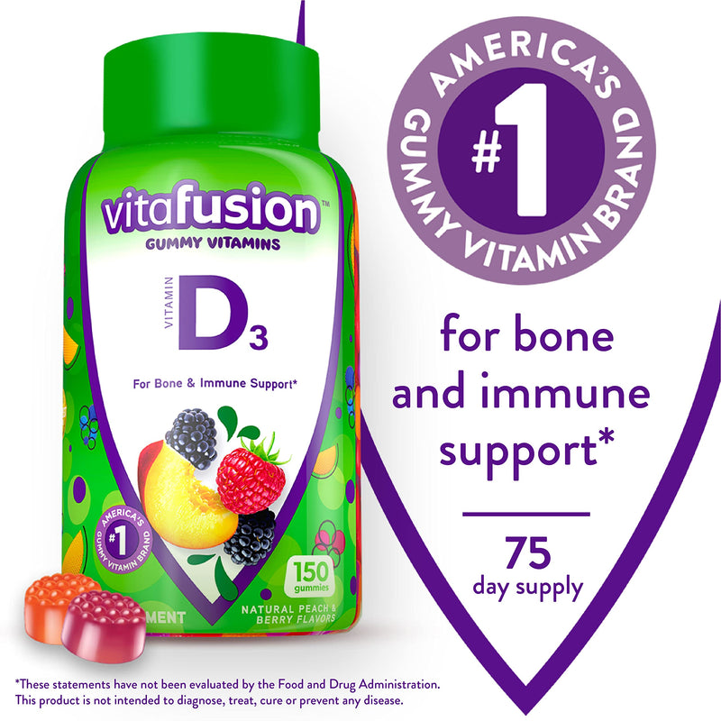 Vitafusion Vitamin D3 Gummy Vitamins for Bone and Immune System Support, Peach, Blackberry and Strawberry Flavored, 50 mcg Vitamin D, 75 Day Supply, 150 Count Original Peach,Berry 150 Count (Pack of 1) - BeesActive Australia