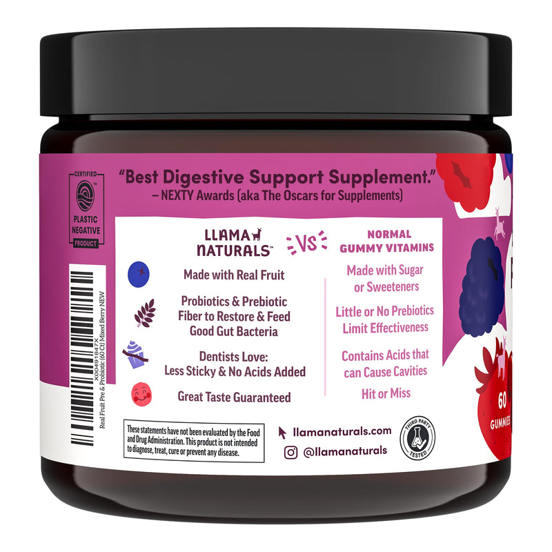 Llama Naturals Probiotics for Women and Men with Prebiotic Fiber, Vegan, Organic, Probiotic Gummies for Gut Health Support, Adults Real Fruit Gummy Vitamins, No Added Sugar Cane, Mixed Berry, 120 Ct Adult Mixed Berry 120 Count (Pack of 1)