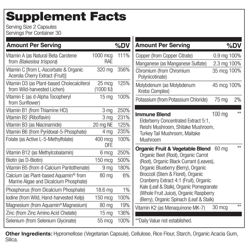 NATURELO Whole Food Multivitamin + Immune Blend with Elderberry & Mushrooms - Complete Multivitamin with Extra Immune Support - C, D3, Zinc, Elderberry, Reishi, Shitake - 60 Vegan Capsules 60 Count (Pack of 1)
