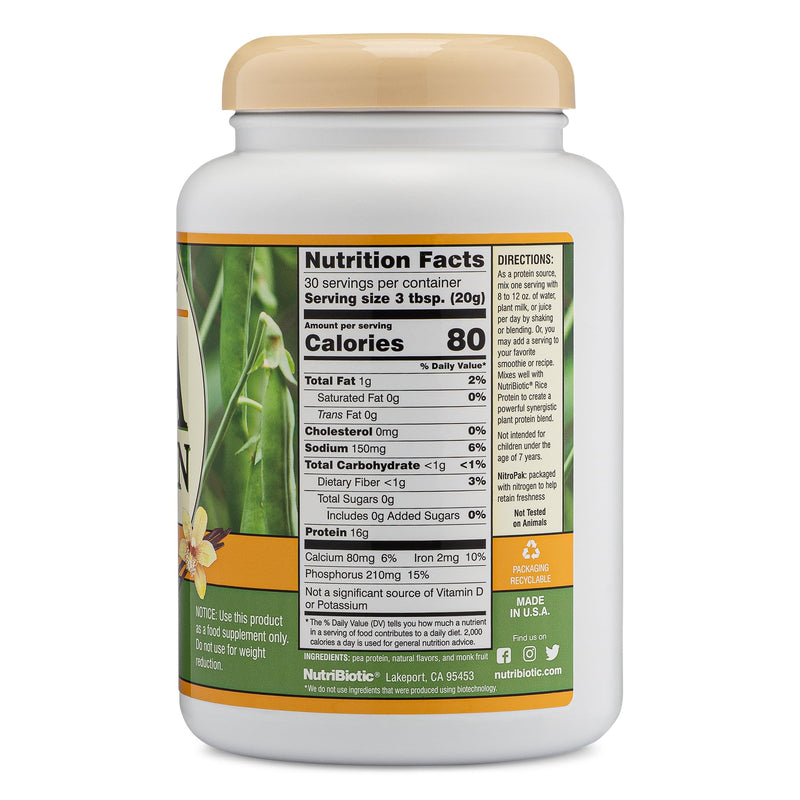NutriBiotic Pea Protein Vanilla 21 Oz | Low Carb Vegan Plant Protein Powder | 100% Grown & Processed in the USA | Deliciously Creamy & BCAA-Rich | Made without Chemicals, GMOs & Gluten | Keto Friendly 1.31 Pound (Pack of 1) - BeesActive Australia