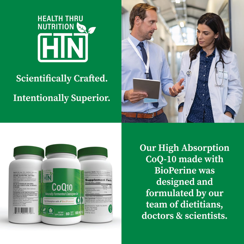 Health Thru Nutrition CoQ-10 100mg with BioPerine 60 Softgels | High Absorption Naturally Fermented USP Grade Coenzyme Q10 Supplement | 3rd Party Tested | Heart Health and Energy Support | High Absorption Naturally Fermented USP Grade Coenzyme Q10 Supp...