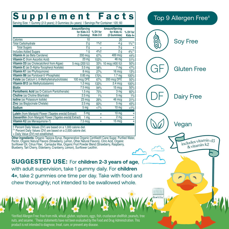 True Grace True Littles Daily Kids Multi - 120 Pectin Gummies - Immune, Cognitive, Bone & Eye Support - Clinically Studied Lutemax Kids Lutein & Vitamin D3 + K2 - Allergen Free & Vegan - 120 Servings 120 Day Supply