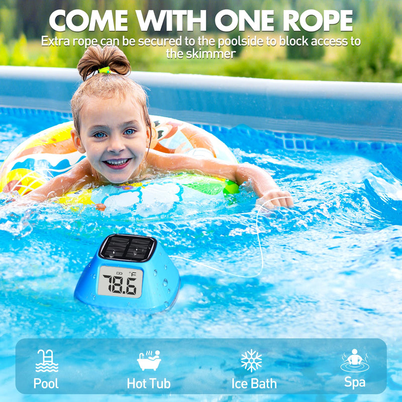 DeeprBlu 2026 New Iteration Solar Digital Pool Thermometer with Rope, Easy Read Extra Large Backilt LCD Display Floating Pool Thermometer, IP68 Waterproof Pools Water Temperature Gauge for Hot tub,Spa Light Blue