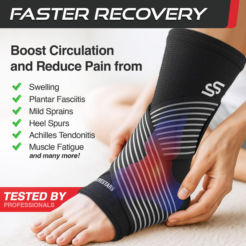 Sleeve Stars Ankle Brace for Women & Men, Ankle Wrap for Sprain, Compression Sleeve for Plantar Fasciitis Relief, Easy Customizable Support: w/ Removable Strap (Single/M:10"-12"/Black) Medium Black 1