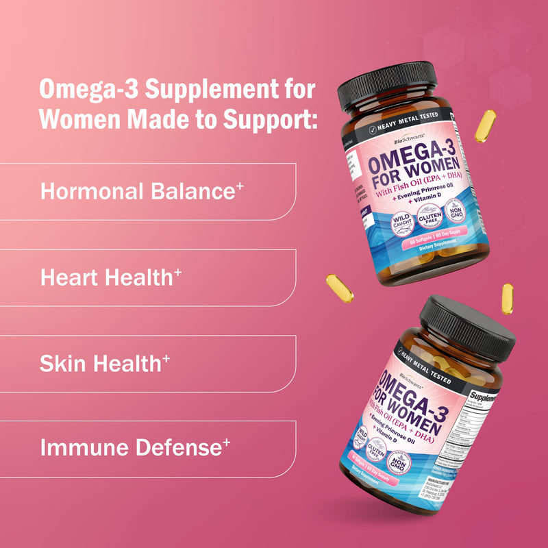Fish Oil Omega 3 Supplement for Women - 60 Softgels, 60 Day Supply | 600mg Omega 3 EPA + DHA, Evening Primrose Oil, Vitamin D & E - Healthy Skin, Hormone Balance & Heart Health Support 60 Count (Pack of 1)