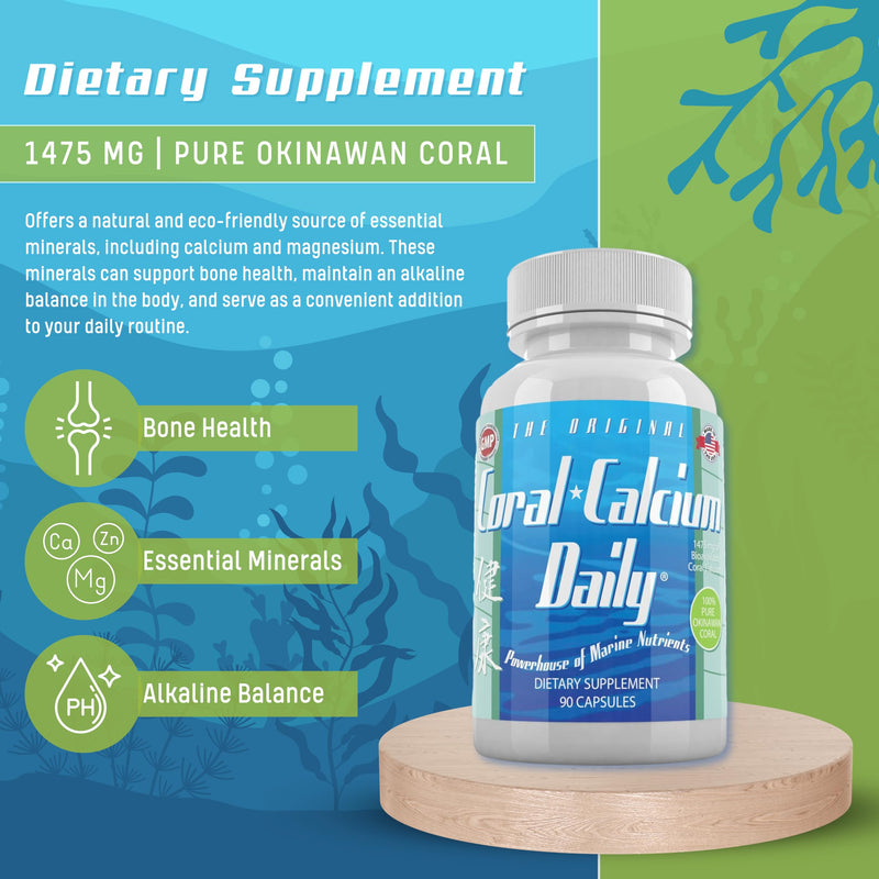 Daily Health, Coral Calcium Pure Okinawa - Marine-Grade Supplement with 72 Trace Minerals - 1475mg, 90 Vegetable Capsules (1 Month Supply) 1