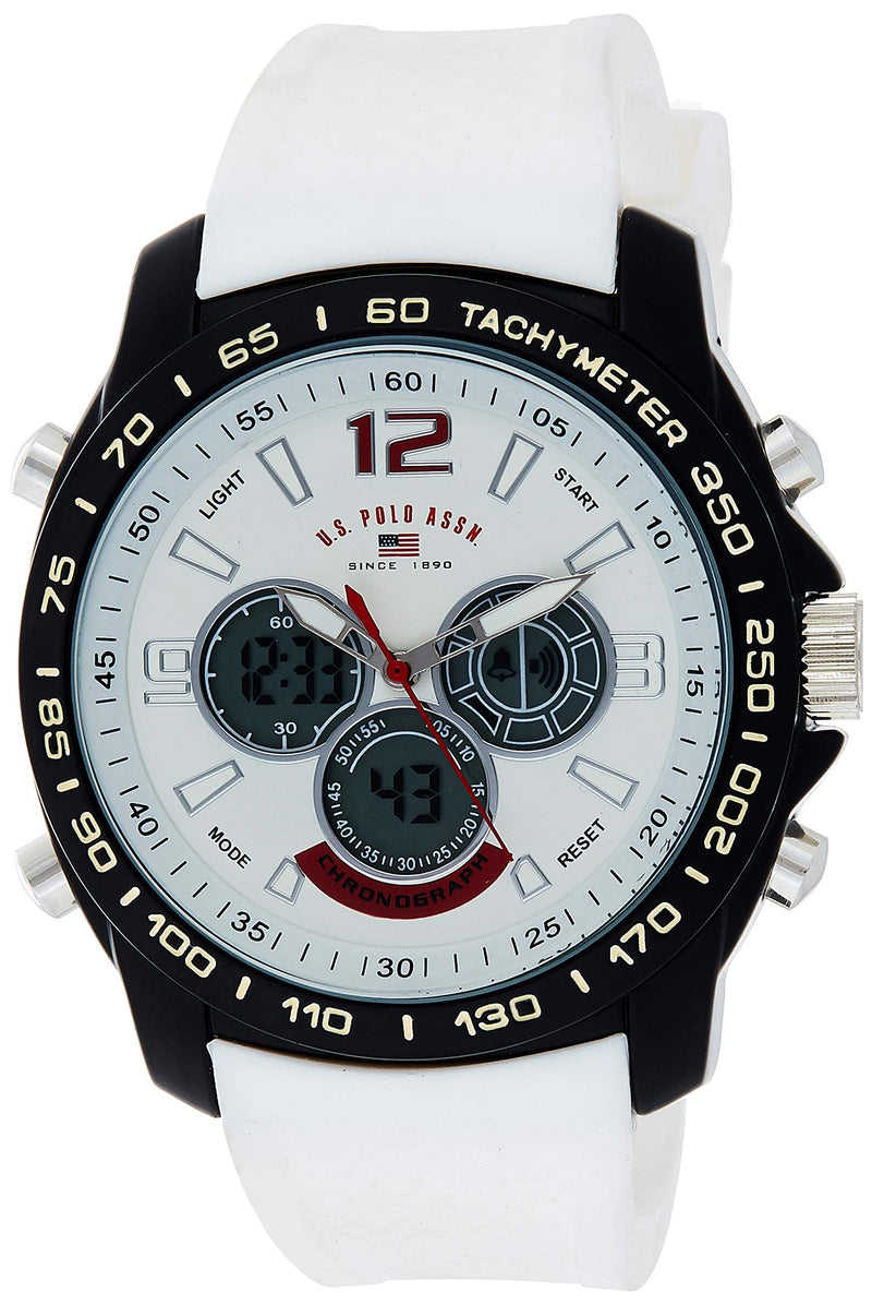 U.S. Polo Assn. Men's Chronograph Sport Watch – Ana-Digital Display with Tachymeter Bezel, Dual Time, Stopwatch & Alarm – White Silicone Strap – 46mm Case – Fits Wrists 5.5" to 8" - BeesActive Australia
