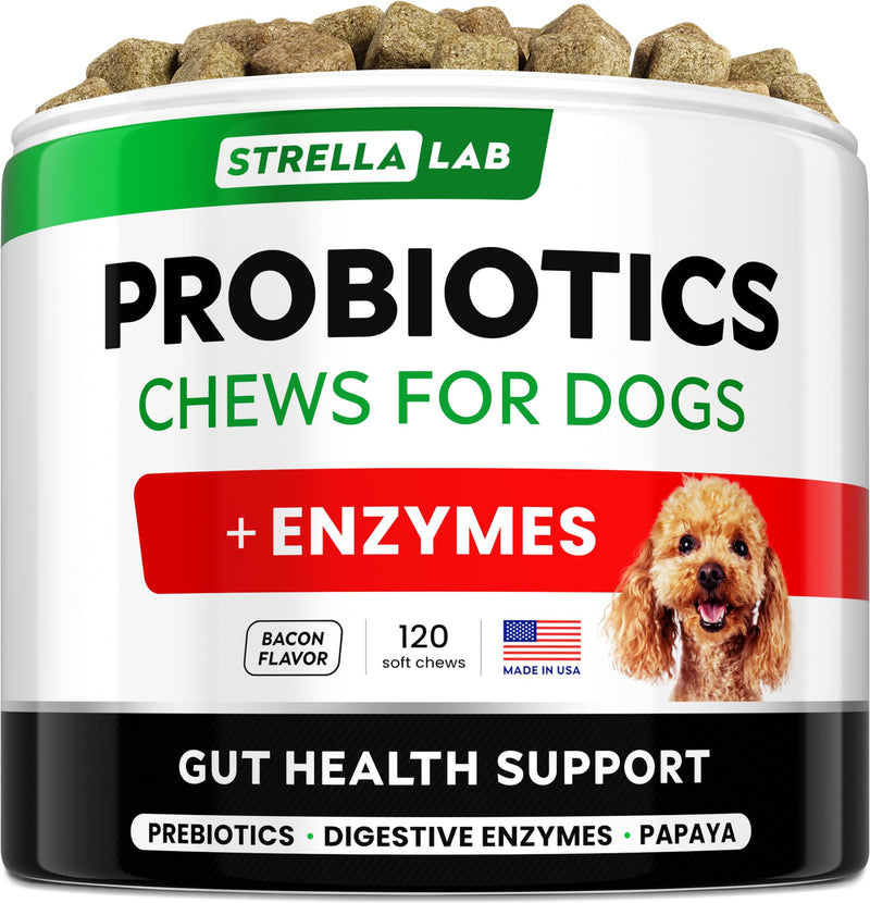StrellaLab Dog Probiotics Treats for Picky Eaters - Digestive Enzymes + Prebiotics - Chewable Fiber Supplement - Allergy, Diarrhea, Gas, Constipation, Upset Stomach Relief - Improve Digestion&Immunity 120Ct (Bacon)