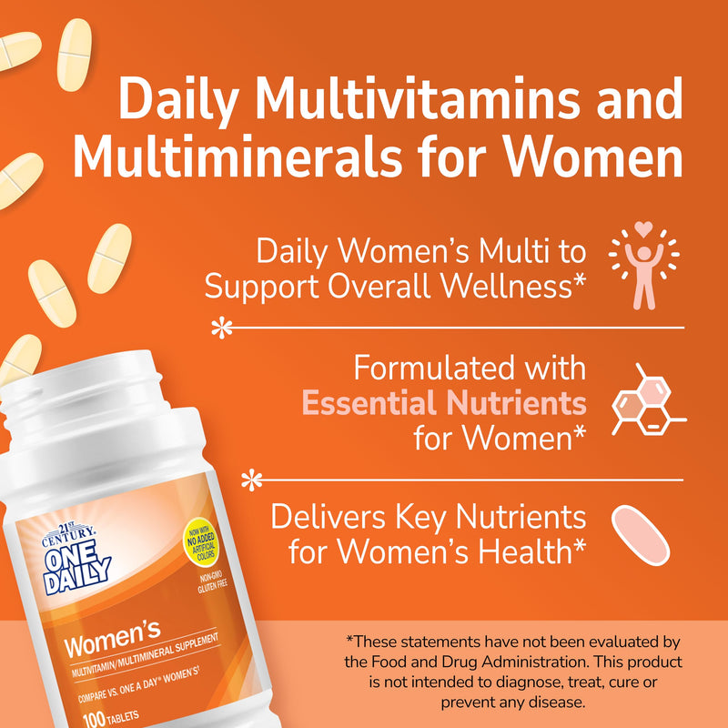 21st Century One Daily Women's Multivitamin Tablets, 100 Count | Complete Daily Multivitamin & Multimineral, Compare VS. One A Day® Women's, Women with 16 Essential Nutrients for Energy 100 Count (Pack of 1)