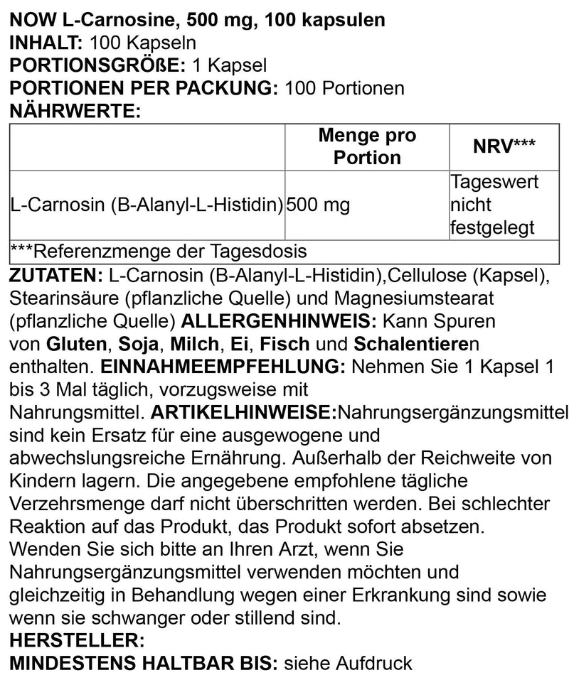 NOW Foods Supplements, L-Carnosine (Beta-Alanyl-L-Histidine) 500 mg, Healthy Aging, 100 Veg Capsules,(Pack of 2) 100 Count (Pack of 2)