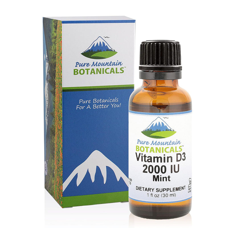Pure Mountain Botanicals Liquid Vitamin D Drops - 2000 IU Vitamin D3 Supplement - Natural Mint Flavor in MCT Oil - Pure D3 for Adults and Kids - 1 oz