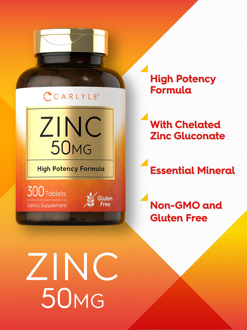 Carlyle Zinc 50mg | 300 Tablets | Vegetarian, Non-GMO, and Gluten Free Supplement | Zinc Gluconate | High Potency Formula - BeesActive Australia