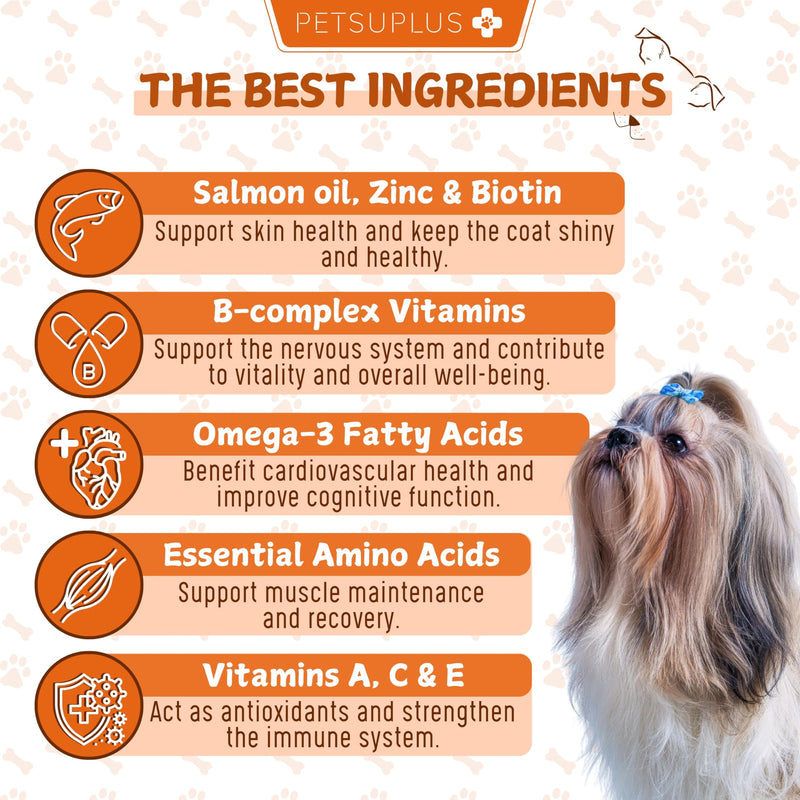 Skin & Coat. Dog Supplements & Vitamins with Salmon Oil for Dogs UK. Prevents and Improves Symptoms such as Itching, Dry Skin, Irritation, Hair Loss, and Irritability. 120 soft chews
