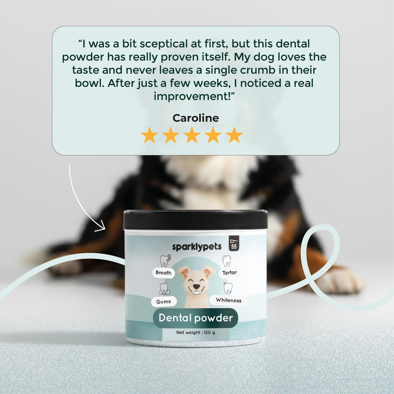 Sparkly Pets – Dental Powder for Dogs – Anti-Tartar & Plaque Cleaner, Tooth Whitening, Bad Breath & Gum Care – Eucalyptus, Prebiotics – French Brand – 120g (55 Scoops)