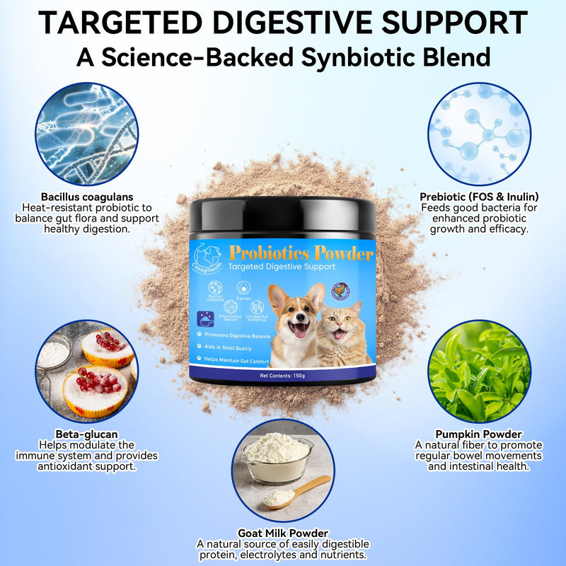 Probiotic Powder for Dogs and Cats - 5-in-1 Formula Supports Gut Health, Digestion and Immune System - with Digestive Enzymes and Pumpkin - Natural Chicken Flavor, 150g