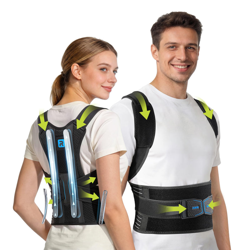 Rakiie Posture Corrector for Women and Men, Upgraded Back Brace with Enhanced Support, Shoulder Straightener with Cushioned Shoulder Pads & Underarm Pain Relief Strap, Blue L