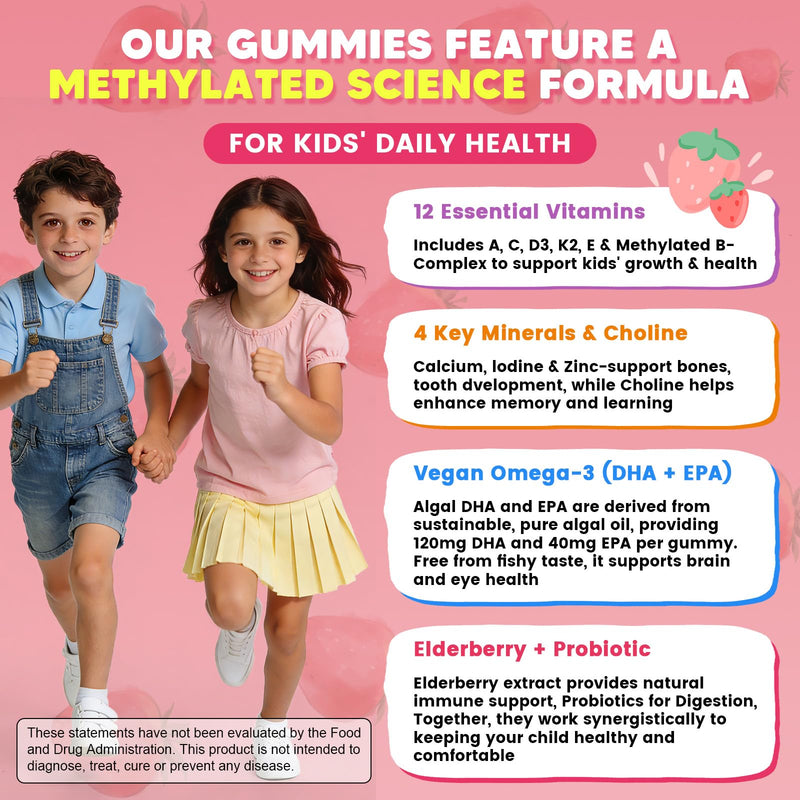 Kids Methylated Multivitamin Gummies with Omega 3, 16 Vitamins, Sugar Free | Multivitamin for Kids & Teens 4+ w/L Methylfolate & B12, Calcium, Probiotics, Elderberry, for Healthy Growth, Immune Support 60 Count (Pack of 1)