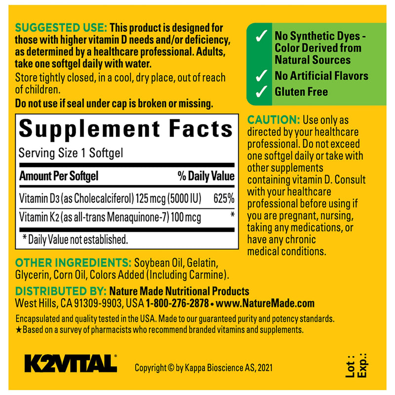 Nature Made Vitamin D3 K2, 5000 IU (125 mcg) Vitamin D, Dietary Supplement for Bone, Teeth, Muscle and Immune Health Support, 30 Softgels, 30 Day Supply Unflavored 30 Count (Pack of 1) - BeesActive Australia