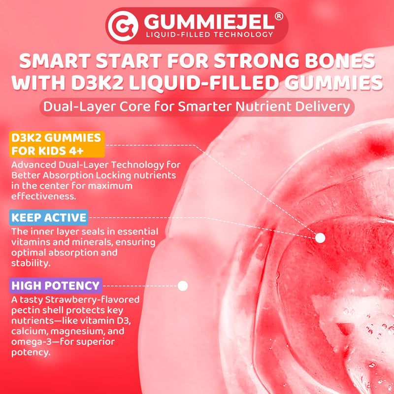 Vitamin D3 K2 + Calcium Liquid-filled Gummies for Kids & Teens, 1000IU / 2000IU D3 with Magnesium, Algal Omega 3, Kids Vitamins for Bones & Teeth, Calcium Absorption, Brain, Immune, Sugar-Free, 60Cts 60 Count (Pack of 1)