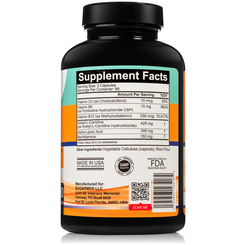 SugarMD Neuropathy Support Supplement – 180 Nerve Supplement Capsules with Alpha Lipoic Acid, Benfotiamine & Vitamin D3 B6 B12 - Nerve Support for Feet Hands Fingers & Legs - 90 Day Supply
