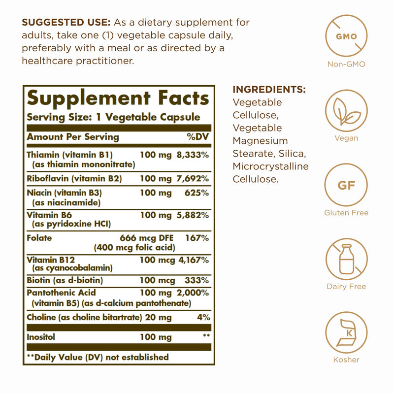 Solgar B-Complex 100" - 50 Vegetable Capsules - Energy Metabolism, Nervous System Support - Non-GMO, Vegan, Gluten Free - 50 Servings