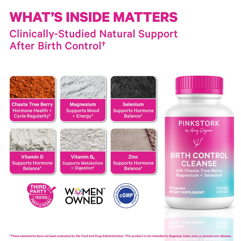 Pink Stork Birth Control Cleanse to Support Hormone Balance, with Chaste Tree Berry (Vitex), Magnesium, and Selenium, Period Support for Conception, Fertility Supplements for Women - 60 Capsules