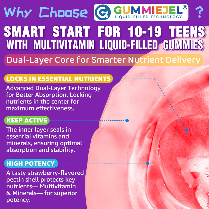 Nextdia Multivitamin Filled Gummies for Teen Boys Girls 12-17, 18, 19, Kids 10+ Multivitamin with Omega 3, Calcium + Magnesium + Zinc, Multi-Minerals for Adolescent 10-19S Brain, Bone, Energy, Immune 60 Count (Pack of 1)