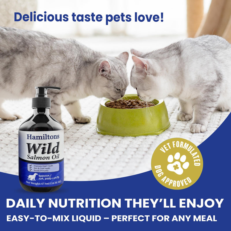 Hamiltons Wild Salmon Oil for Dogs & Cats – Pure Natural Omega-3 Supplement with Vitamin E – Promotes Healthy Skin, Shiny Coat Care, Joints & Heart – Pet Salmon Fish Oil