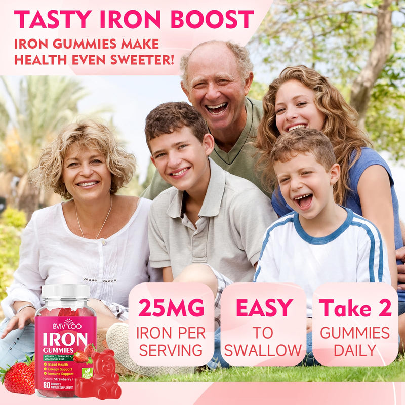2 Pack Vegan Iron Gummies for Adults & Kids - with Vitamin C, A, B-Complex, Folate, Zinc, and Biotin - for Blood Building & Energy Support, 120 Gummies 2 Pack