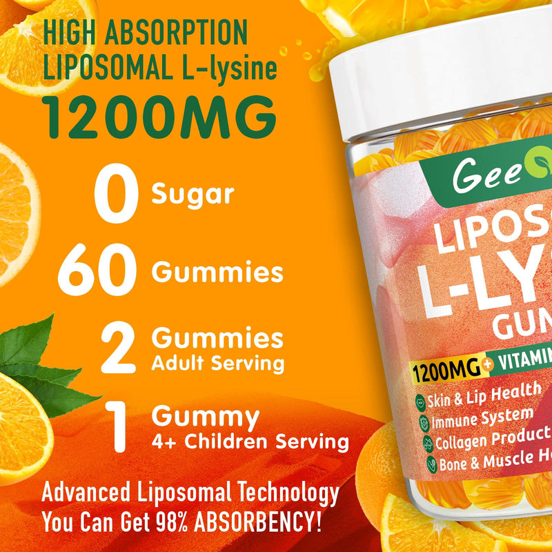 Liposomal L-lysine Gummies 1200mg, 120CT | Lysine Chewable Supplement with Vitamin C, D3, B12 & Zinc, For Adults & Kids, Immune & Collagen Support, Lips & Skin Health 120 Count (Pack of 1)