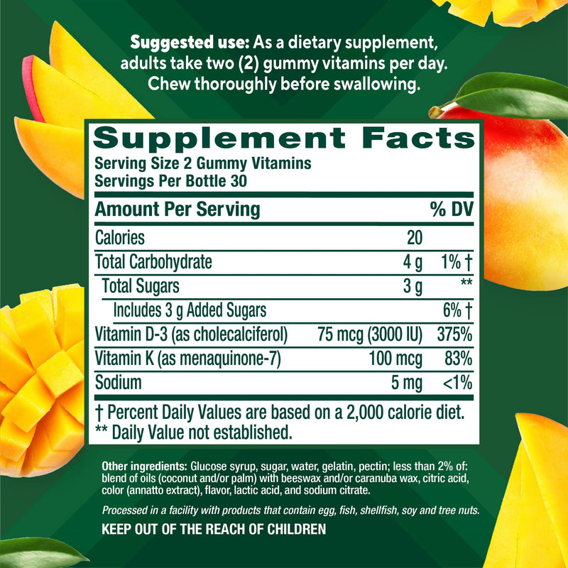 Vitafusion Power Plus Vitamin D3 K2 Gummies | 3000 IU Vitamin D | 60 Count | for Adult Women & Men | Tropical Punch Flavor | Gluten-Free Supplement