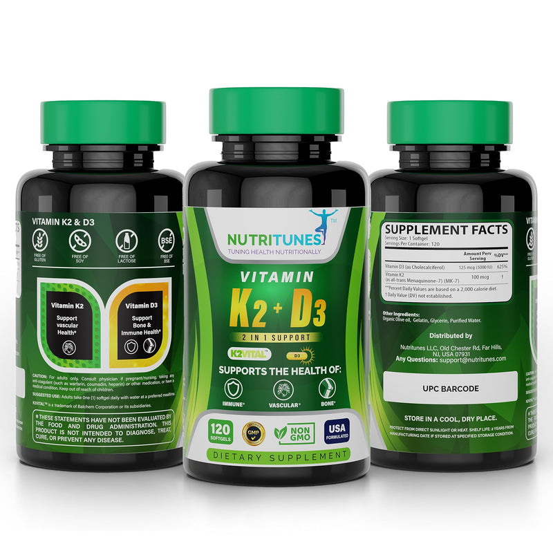 Vitamin K2 + D3 (120 Softgels) - Vitamin D3 K2 Supplement - Supports Cardiovascular & Bone Health - Non-GMO - Allergen-Free - 120 Softgels - BeesActive Australia