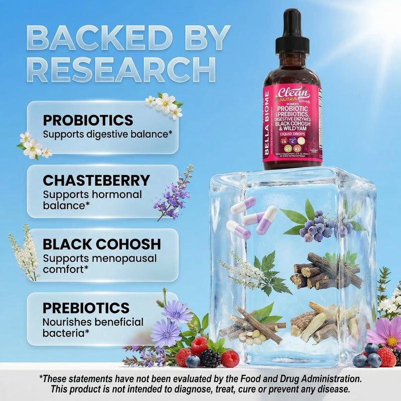 Liquid Probiotics for Women Drops with Chasteberry, Black Cohosh, Prebiotics, Digestive Enzymes, Evening Primrose Oil, Wild Yam, Cranberry Dmannose and Iron Vitamin D3 K2 Clean Nutra Bella Biotics 1