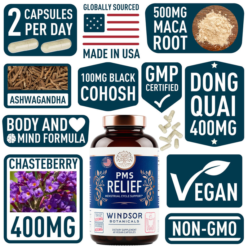 PMS Support Supplement for Women with Chasteberry, Maca Root, Ashwagandha - Period Relief, Bloating Relief for Women, Mood Support, Hormone Balance Herbal Supplements - 30 Day, 60 Vegan Capsules Vegan PMS Support