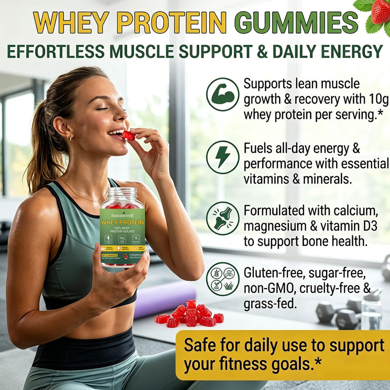 Whey Protein Gummies for Adults & Teens 100% Whey Protein Isolate with Vitamin C, D3, B12, Calcium, Magnesium & Iron, Muscle Support, Energy Boost & Bone Health, Strawberry Milk Flavor, 60 Counts