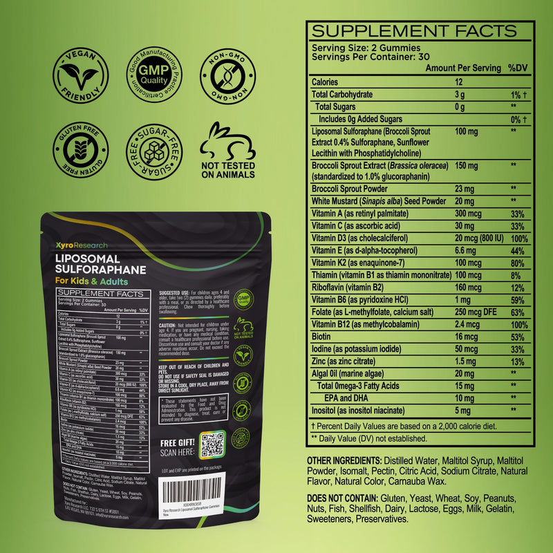 Liposomal Sulforaphane Gummies - 150mg Broccoli Sprout Extract with Vitamins Supplement for Kids Adults - Antioxidant Cellular Health & Liver Detox Support - Non-GMO Vegan Sugar-Free 60 Count (Pack of 1)