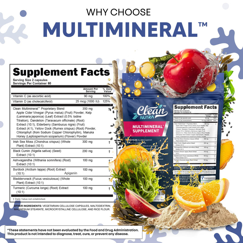 Clean Nutraceuticals Sea Moss Black Seed Oil Ashwagandha Turmeric Bladderwrack Burdock & Vitamin C Vitamin D3 with Elderberry Manuka Dandelion (120 Count (Pack of 1)) 120 Count (Pack of 1)
