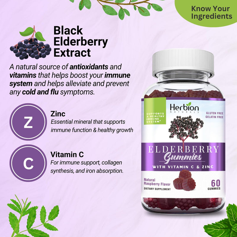 HERBION Elderberry Gummies with Vitamin C & Zinc - Healthy Immune System Support - Gluten-Free & Gelatin-Free - 60 Gummies for Adults & Children 4 Years & Above - Made in USA, 60 Count (Pack of 1) 1 Count (Pack of 1)