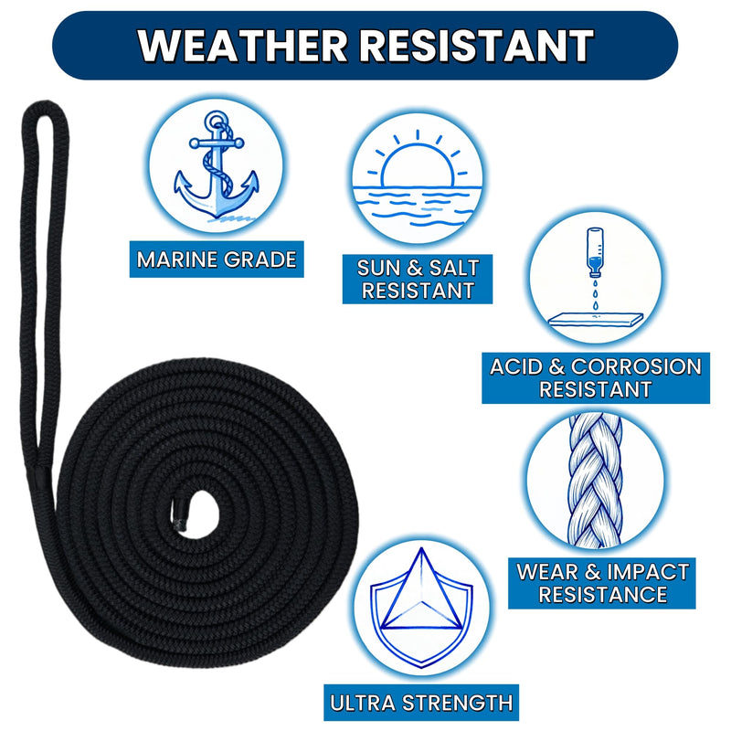 Boat Dock Lines 4 Pack 1/2 in X 15 ft with 12" Eyelet Marine-Grade Double Braided Nylon Boat Lines,Hi-Performance Boat Ropes for Docking and Mooring,Fray Resistant,Easy Handling Black 1/2" x 15' (4 Pack)