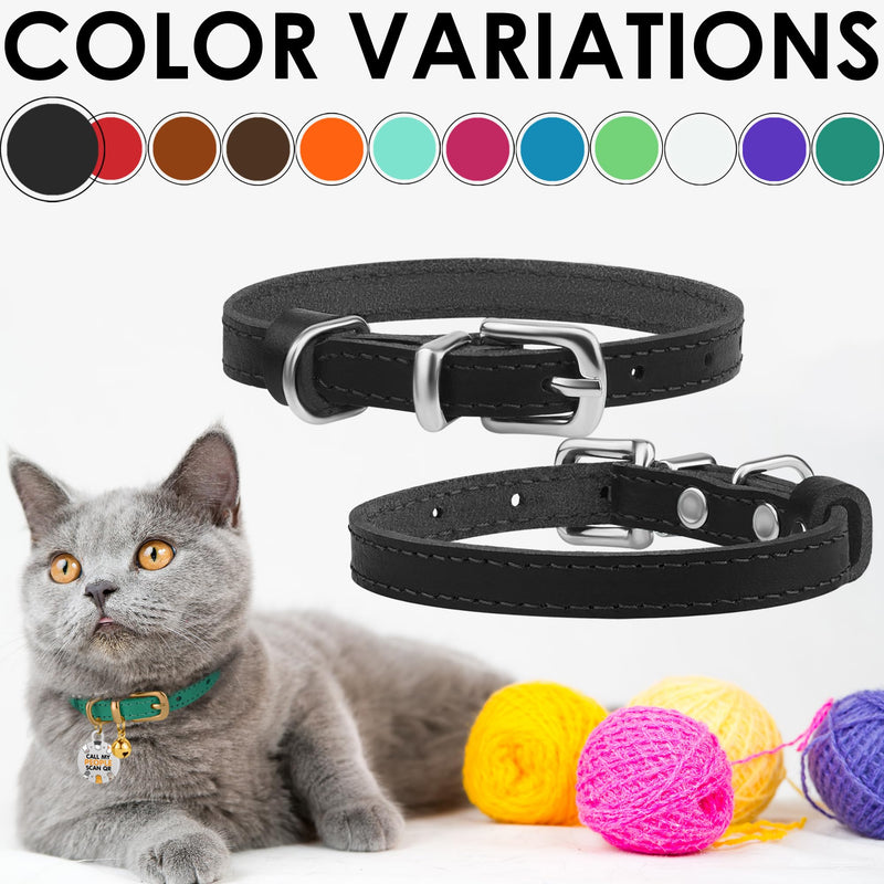 BRONZEDOG Leather Cat Collar with Bell Non-Tearable QR Tag for Girls and Boys (Black and Silver, 23-28cm) Black and Silver 23-28cm - BeesActive Australia
