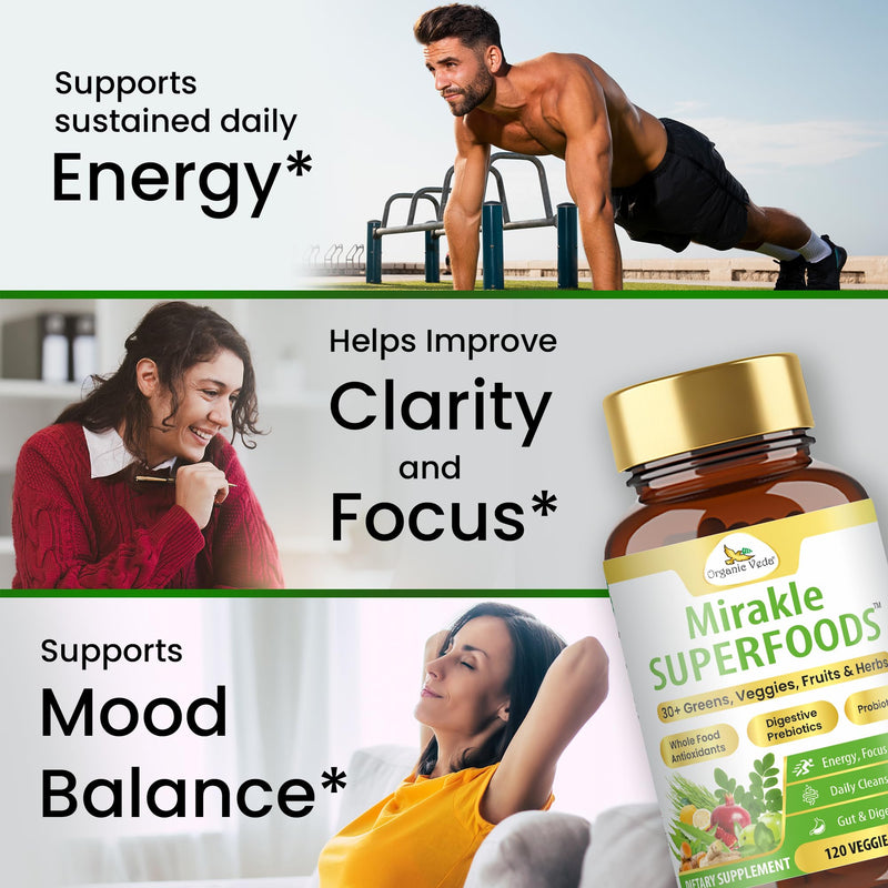 Organic Veda Mixed Greens Veggies Super Fruits Antioxidants Supplement with Digestive Pre & Probiotics - Mirakle Superfoods 40+ Organic Whole Food Nutrients, Vitamin C, Resveratrol - 120 Capsules