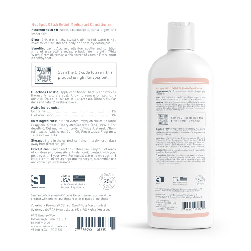 Veterinary Formula Clinical Care Hot Spot & Itch Relief Cat & Dog Medicated Conditioner, 16 oz – Oatmeal Conditions Skin for a Lustrous Coat, Formulated to Help Alleviate Itchy Skin 16 Fl Oz - BeesActive Australia