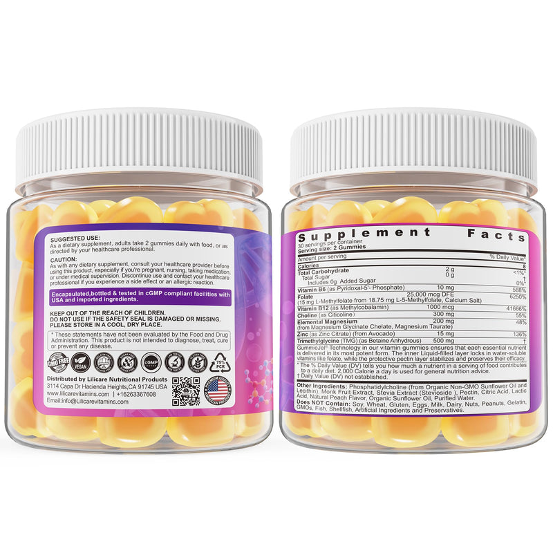 L-MethylFolate 15mg 7.5mg & B12 1000 mcg Gummies, Methylated B Complex + TMG, Magnesium, Choline - Active 5-MTHF(B9) + Methyl B12, B6, Multivitamin - Support Methylation, Cognition, Mood, Sugar Free 60 Count (Pack of 1)