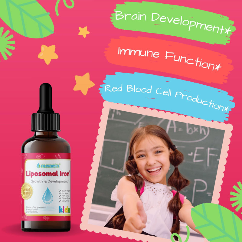 Nuvamin – Liquid Liposomal Iron Drops for Baby, Toddlers, Kids, & Teens, 2Fl.Oz (60ml), 120 Daily Serving. Great Taste - All Natural - Vegan - No Metallic Aftertaste, Berry Flavor Raspberry (Kids)
