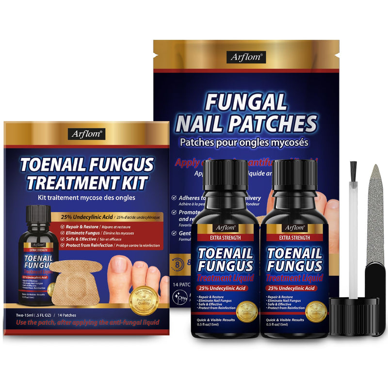 Toenail Fungus Treatment Kit: 2 Pcs Extra Strength 25% Undecylenic Acid Solution & 14 Fungal Nail Renewal Patches - for Toe Nail & Fingernail with Tea Tree Oil