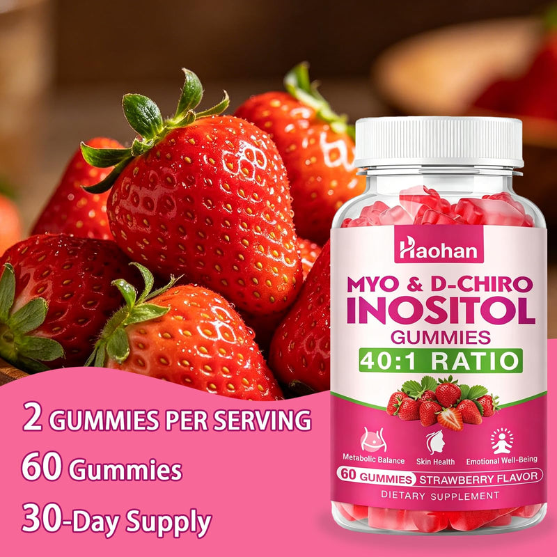 Haohan 2 Pack Myo-Inositol & D-Chiro Inositol Gummies for Female Health, with Vitamin D3, Magnesium Glycinate, Folate & Zinc, Sugar Free, Strawberry Flavor – 120 Gummies