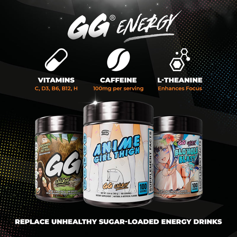 Gamer Supps GG® Energy - Anime Girl Thigh (100 Servings) - Keto Friendly Gaming Energy and Nootropic Blend, Sugar Free + Caffeine + Vitamins + Immune Support, Powder Drink