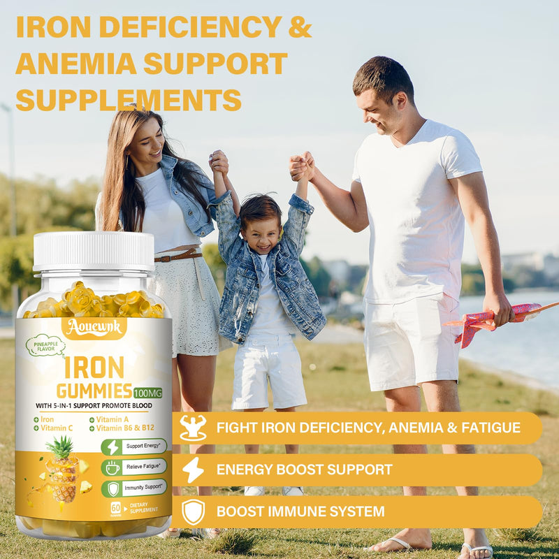 1 Pack 100MG Iron Supplement Gummies for Women & Men | with Vitamin C, A, B - for Adults & Kids, Iron Deficiency, Immune & Energy Support, Pineapple Flavor, Non-GMO, 60 Counts 60 Count (Pack of 1)