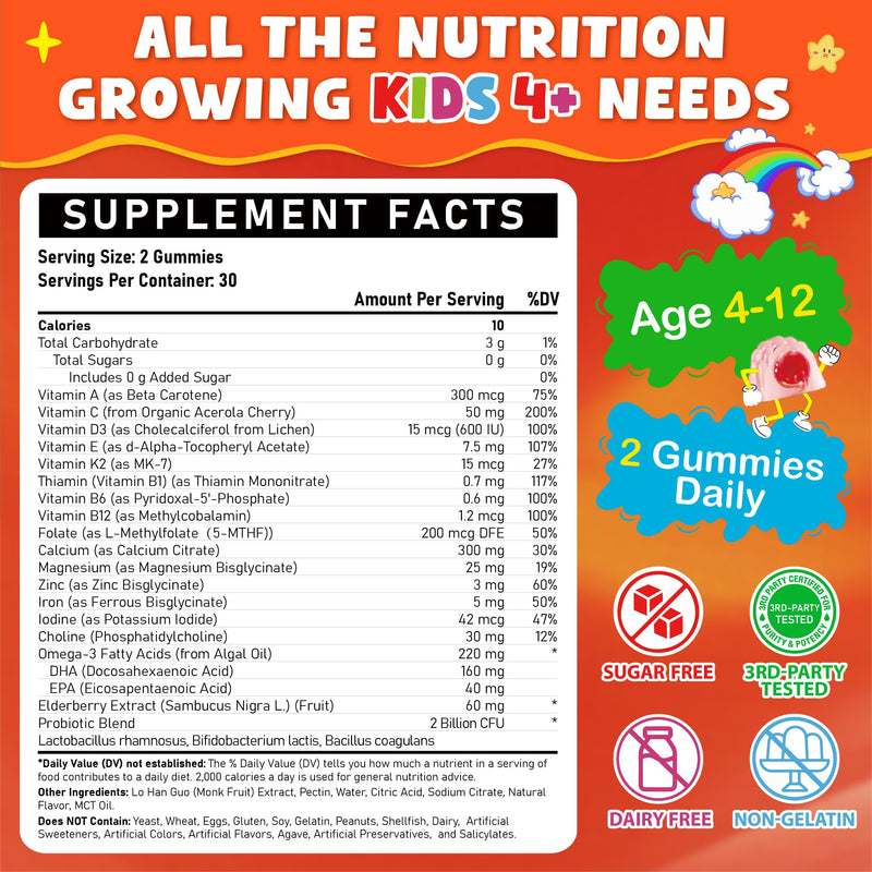 Kids Multivitamin Gummies - Kids Vitamins with Calcium, Probiotics, Iron, Omega-3, Methylated B12 & Methylfolate, Vitamin D3, K2, B6, A, C, E, Zinc for Healthy Growth - Sugar Free, Vegan, 60 Gummies Peach 60 Count (Pack of 1)